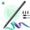 A black precision stylus pen with a flexible tip and charging connector is shown next to an Apple logo.