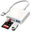 Adaptador de tarjeta de memoria 3 en 1 blanco con conector USB-C y múltiples tarjetas SD/microSD.