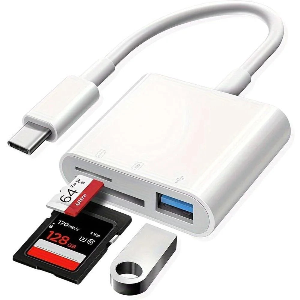 Adaptador de tarjeta de memoria 3 en 1 blanco con conector USB-C y múltiples tarjetas SD/microSD.