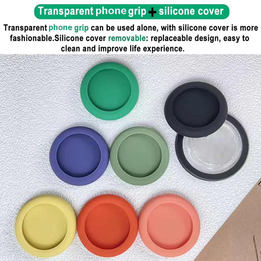 Various colored transparent phone grips with silicone covers displayed on a white surface.