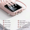 A pink multi-port power bank with various output ports and a flashlight is shown on a white surface.