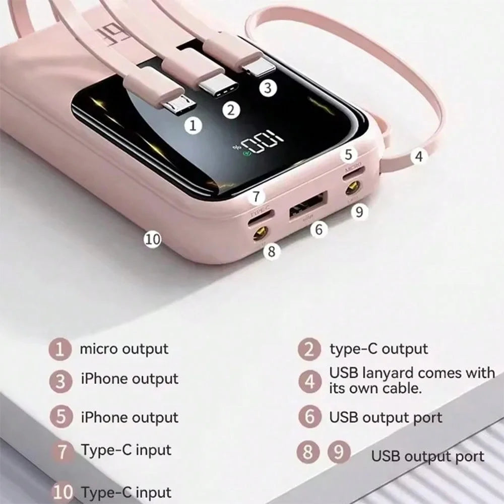 A pink multi-port power bank with various output ports and a flashlight is shown on a white surface.