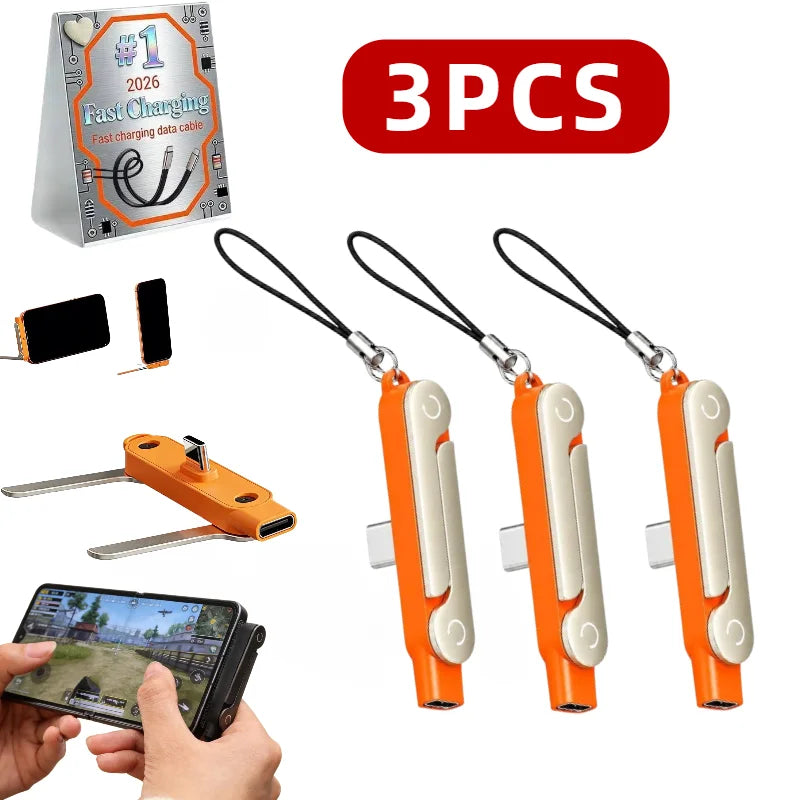Three orange foldable USB-C to USB-C charging adapters and a phone stand are shown.