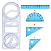 A set of geometric drawing rulers and protractors including a ruler, a protractor, and a triangle ruler.