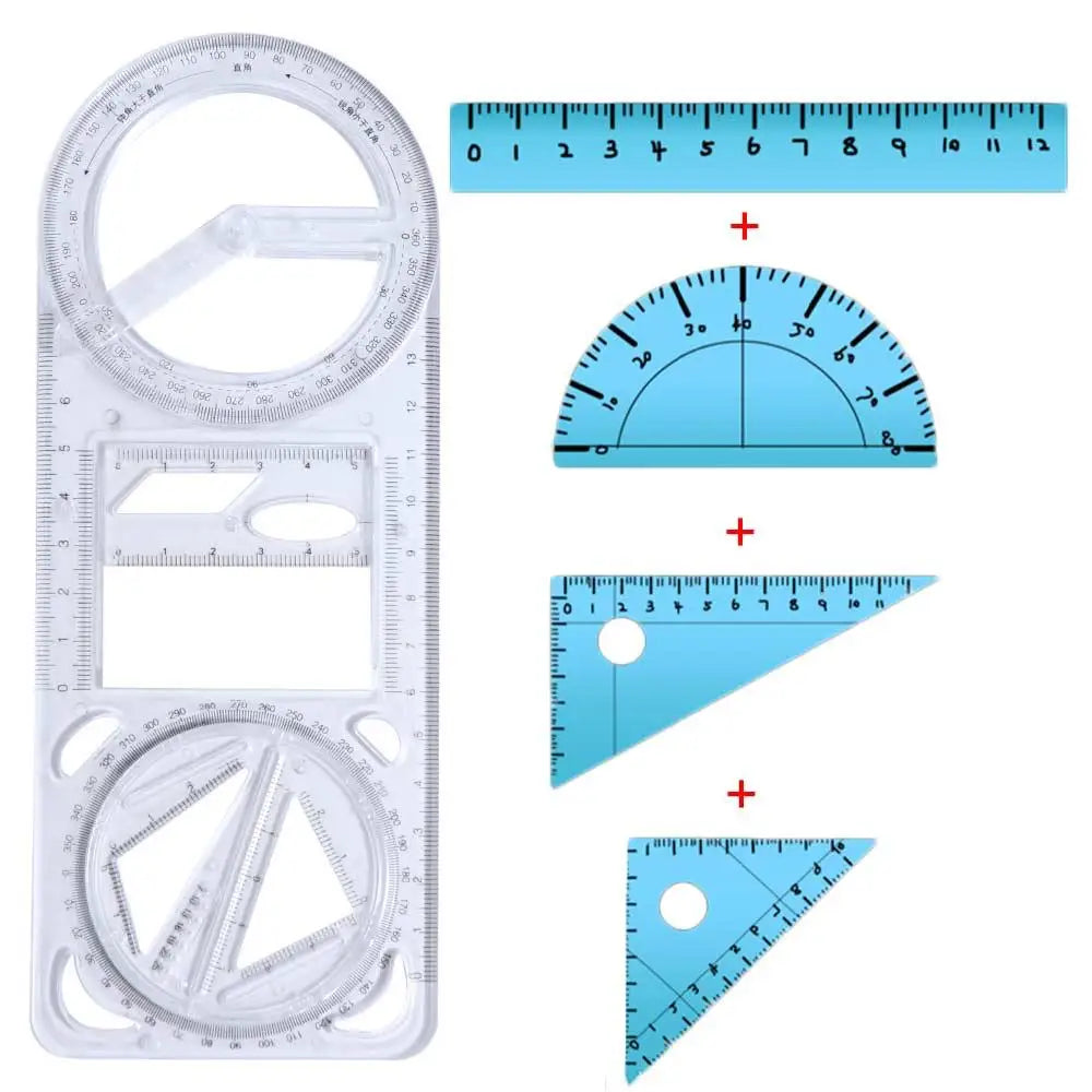 A set of geometric drawing rulers and protractors including a ruler, a protractor, and a triangle ruler.