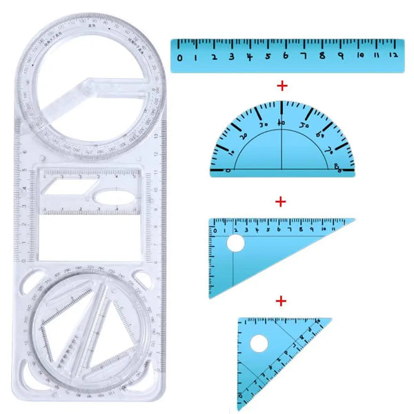 A set of geometric drawing rulers and protractors including a ruler, a protractor, and a triangle ruler.