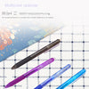 A set of eight retractable erasable gel pens in various colors, including purple, blue, and light blue, displayed on a grid b