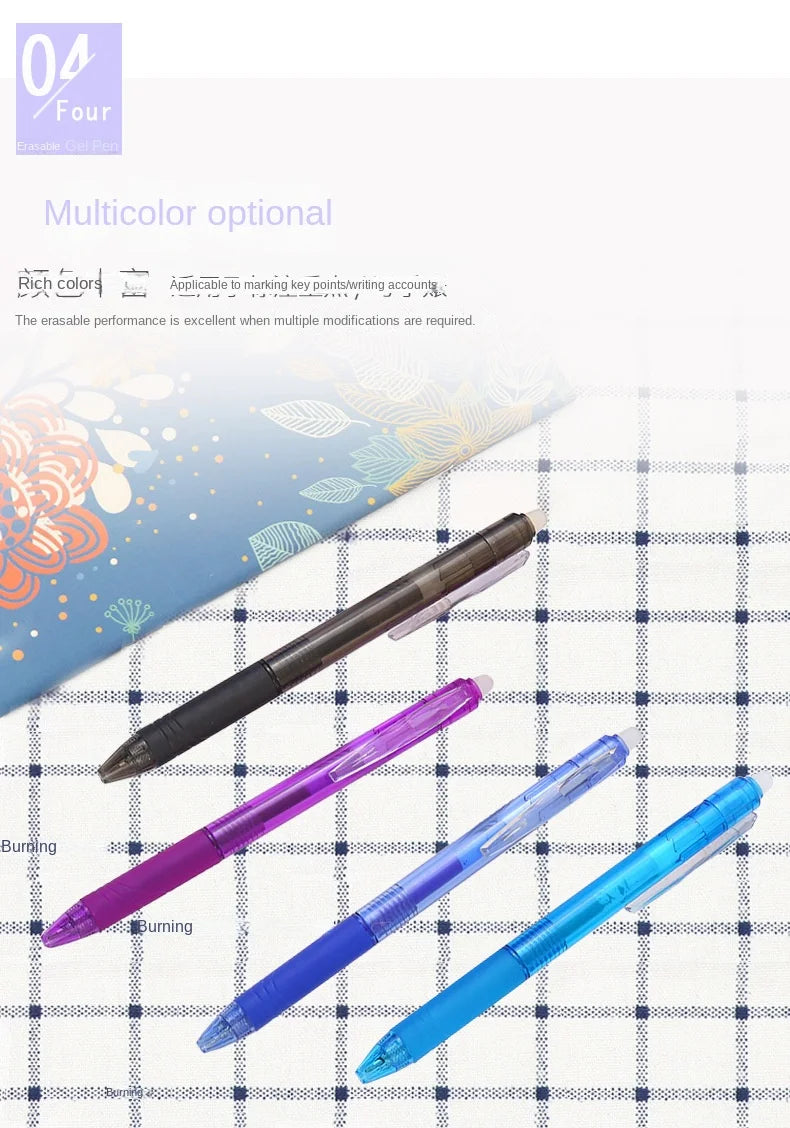A set of eight retractable erasable gel pens in various colors, including purple, blue, and light blue, displayed on a grid b