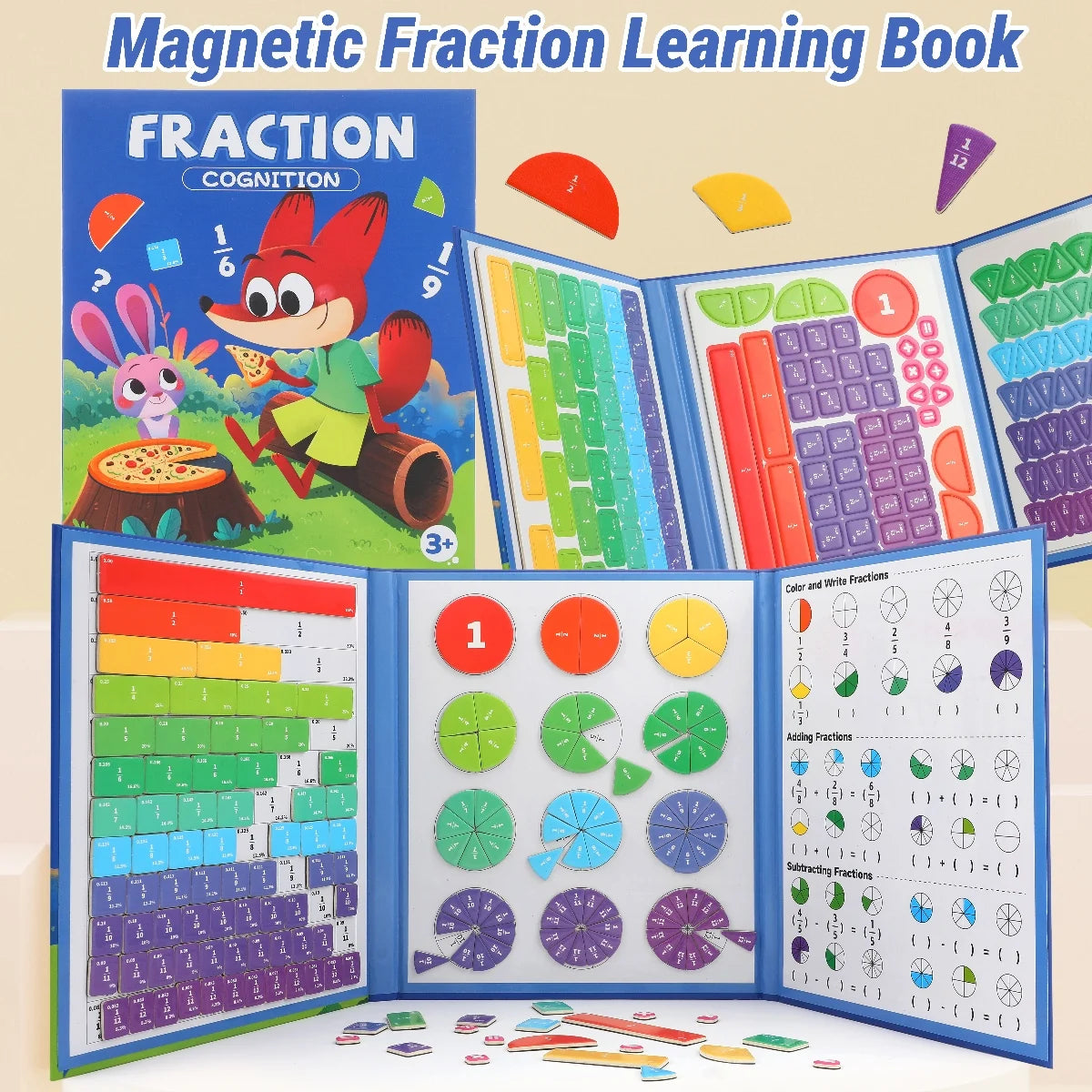 A magnetic fraction learning book showing various colored and shaped fraction pieces for teaching cognition.
