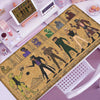 Anime-inspired XXL gaming mouse pad featuring characters and action scenes on a brown background
