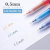 Close-up of a full needle tip 0.5mm colored gel pen with various colors displayed on white paper.