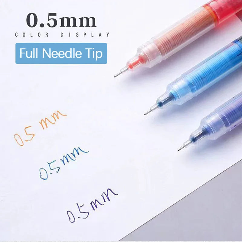 Close-up of a full needle tip 0.5mm colored gel pen with various colors displayed on white paper.