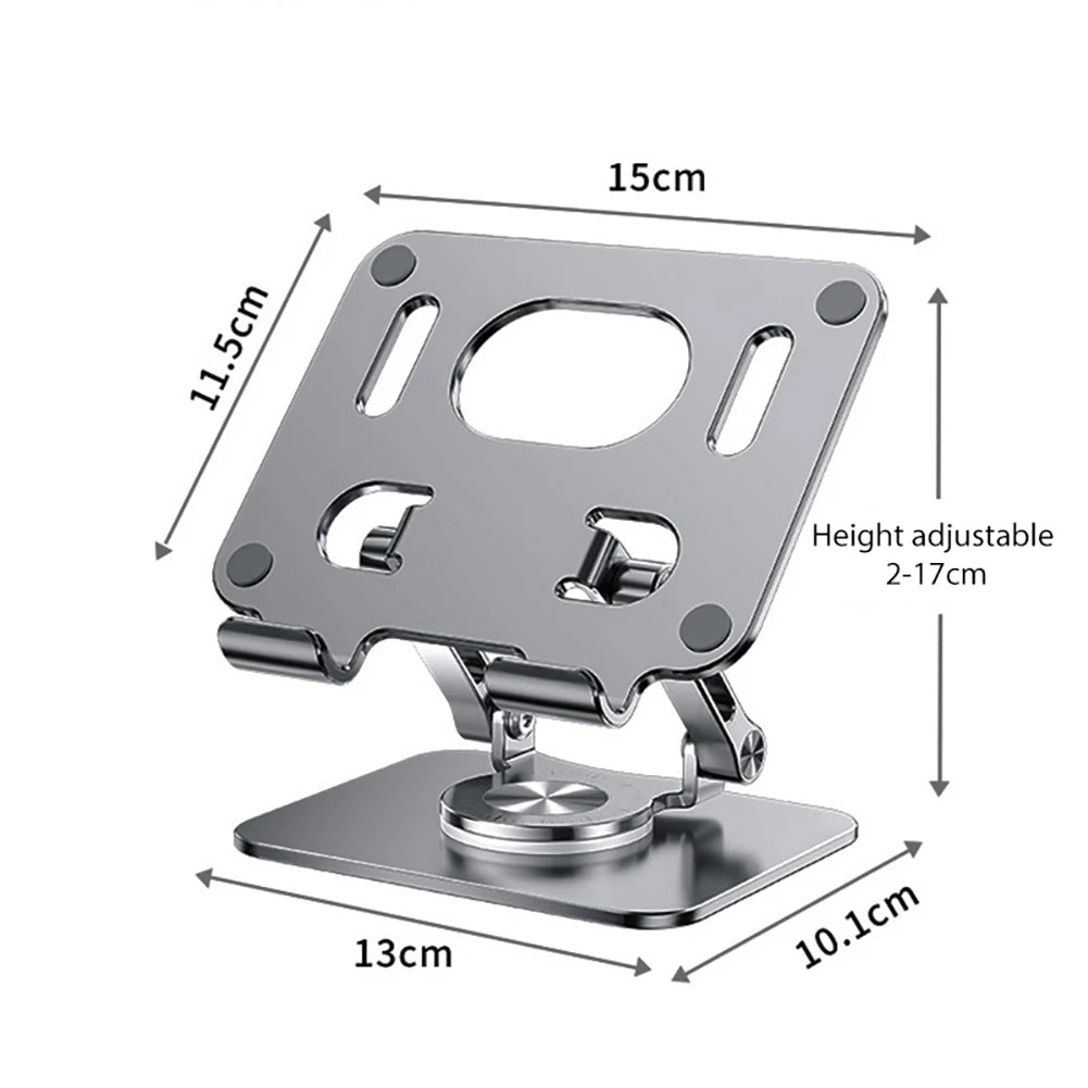Silberner, verstellbarer Tablet-Ständer mit rotierender Mechanik und flacher Basis