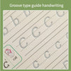 A practice sheet for handwriting featuring lowercase letters and a cat illustration.