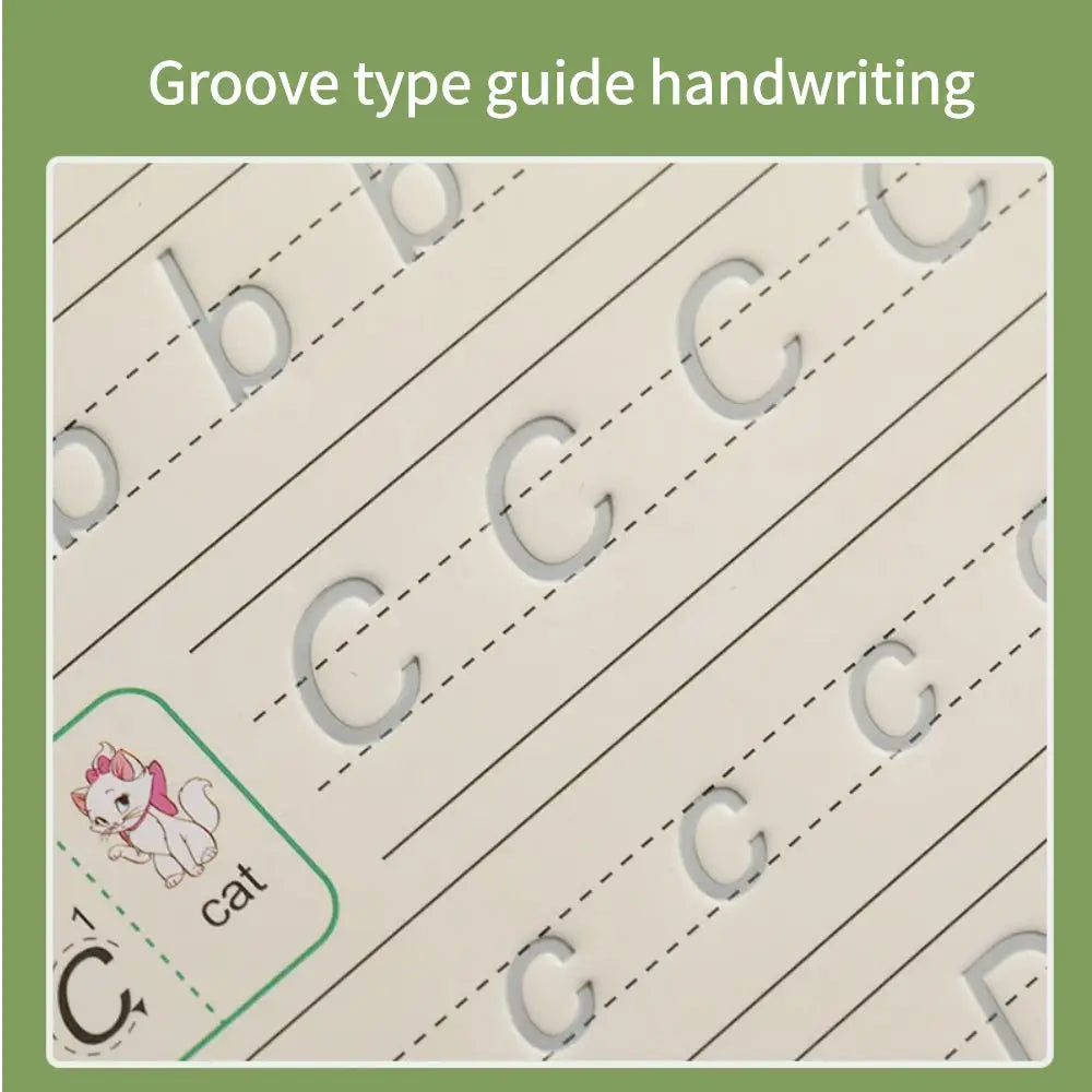 A practice sheet for handwriting featuring lowercase letters and a cat illustration.