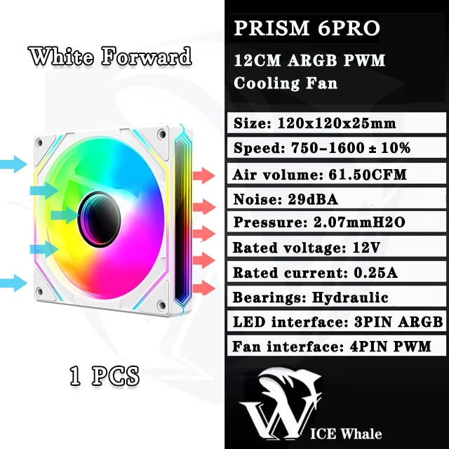 مروحة تبريد ARGB PWM بحمل هوائي هيدروليكي، بيضاء، 6PRO، بطول 12 سم