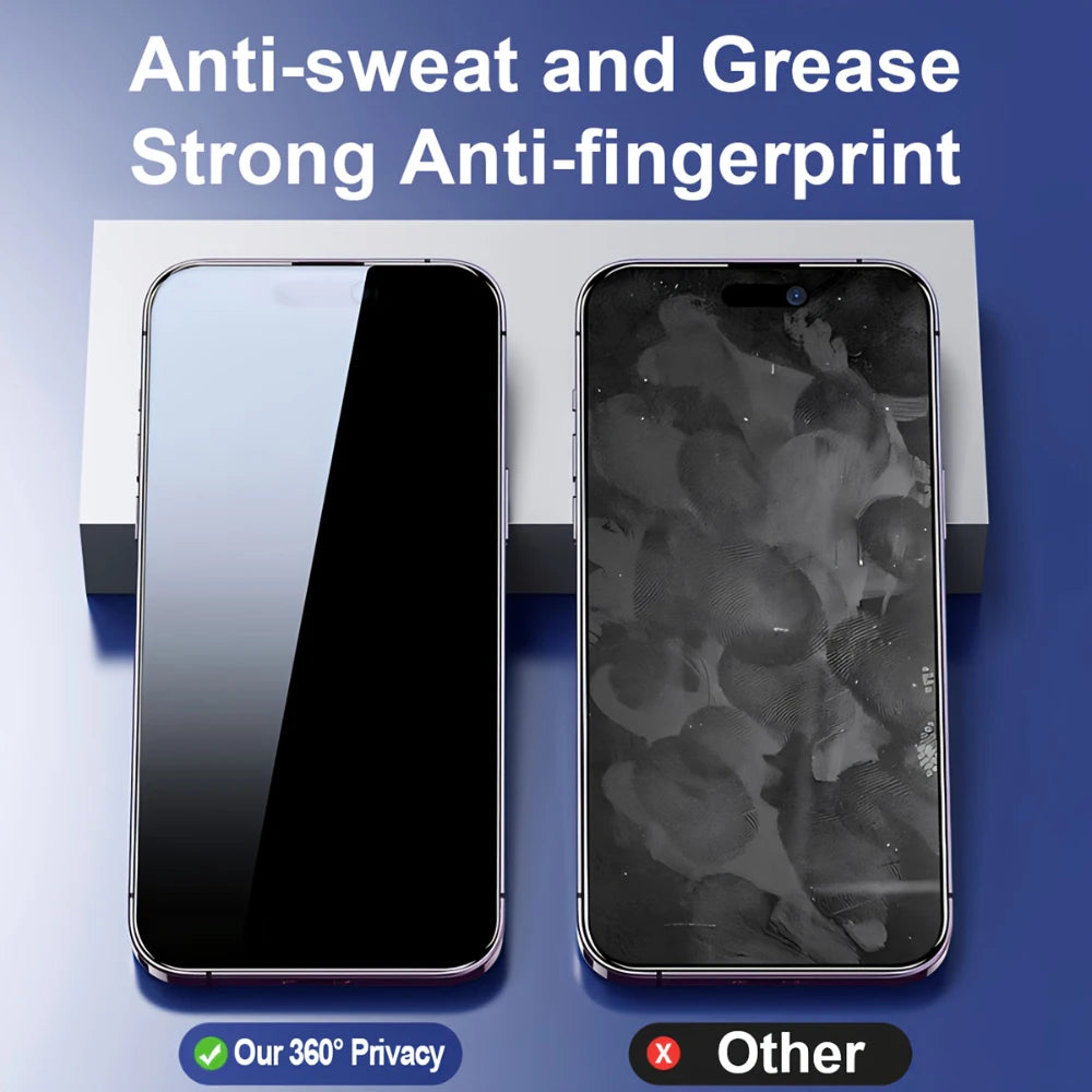 A display showing an iPhone with a clear screen protector film installed, emphasizing anti-sweat and fingerprint resistance.