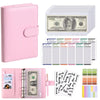 A pink A6 PU leather budget binder with cash envelopes and a stack of budget sheets.
