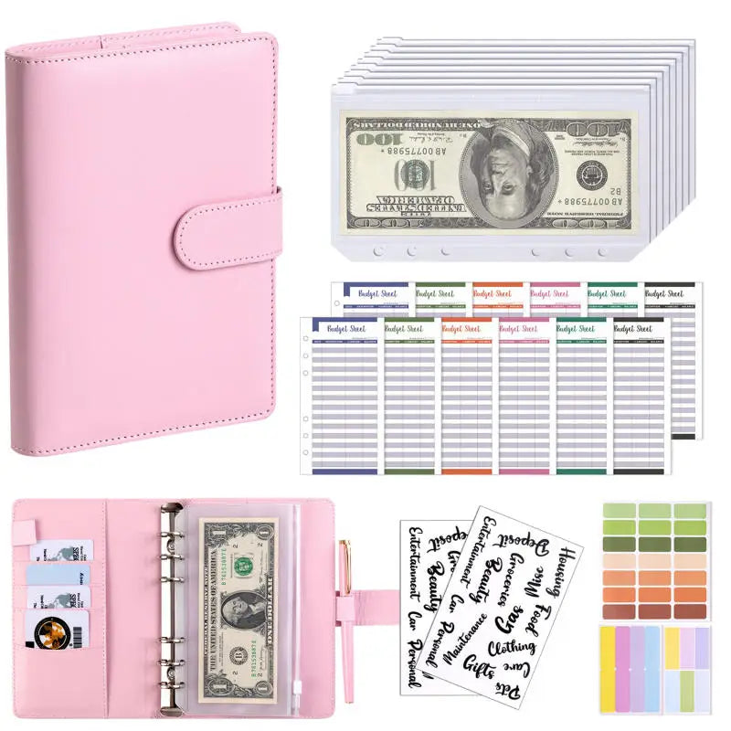 A pink A6 PU leather budget binder with cash envelopes and a stack of budget sheets.
