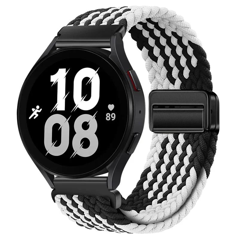 Schwarze Smartwatch mit weißer Anzeige und schwarzem magnetischem Armband