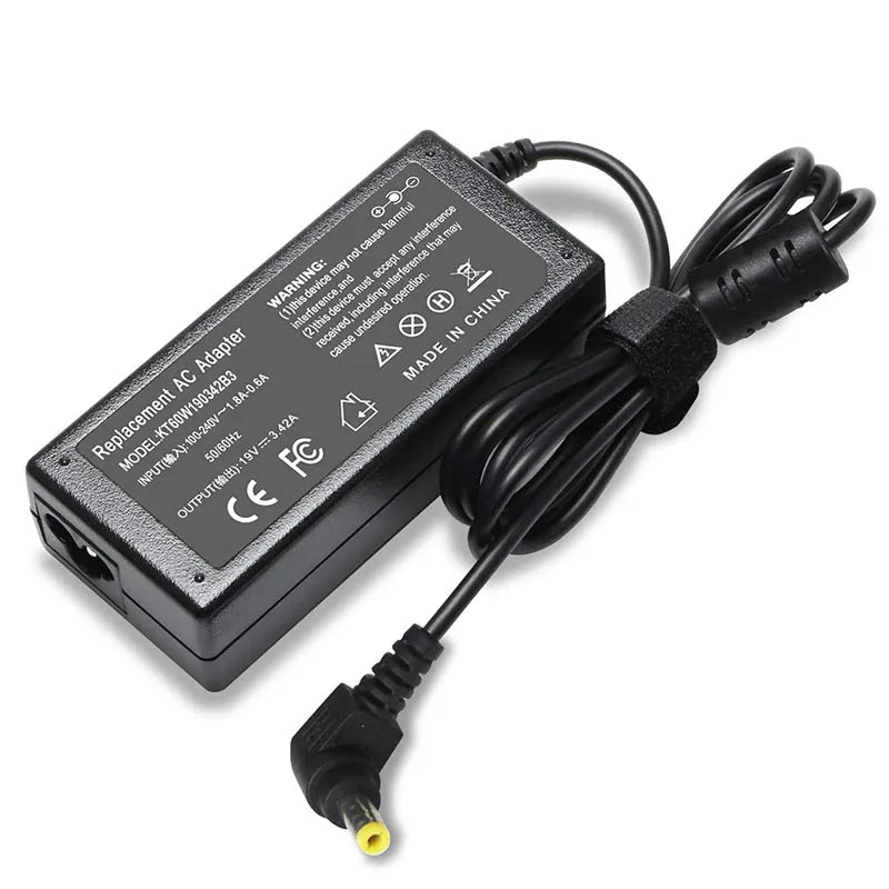 Adaptateur secteur noir universel 19V 3.42A avec câble et fiche noirs enroulés.