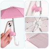 A pink umbrella stand featuring a suction cup mount for a smartphone, shown in various angles.