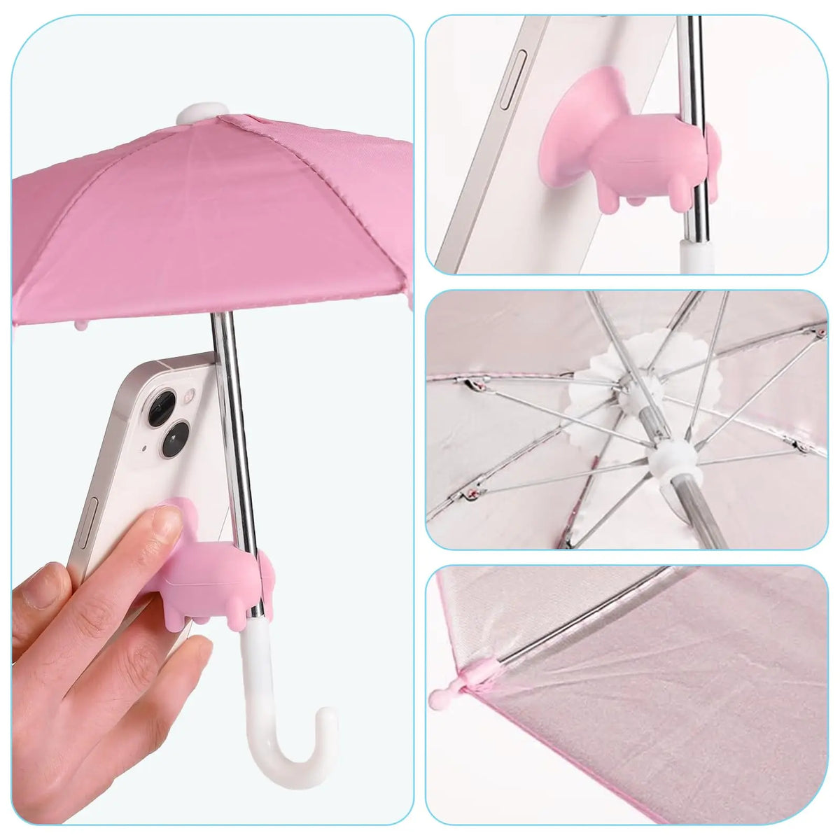 A pink umbrella stand featuring a suction cup mount for a smartphone, shown in various angles.