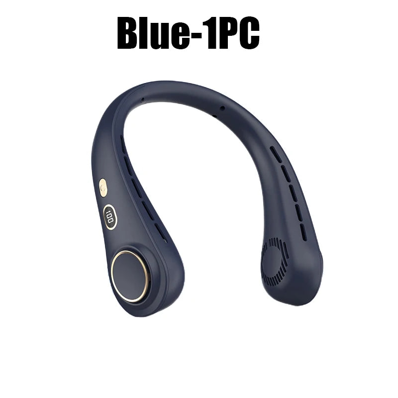 Blue 1PC hands-free neck fan with LED display shown from the side.