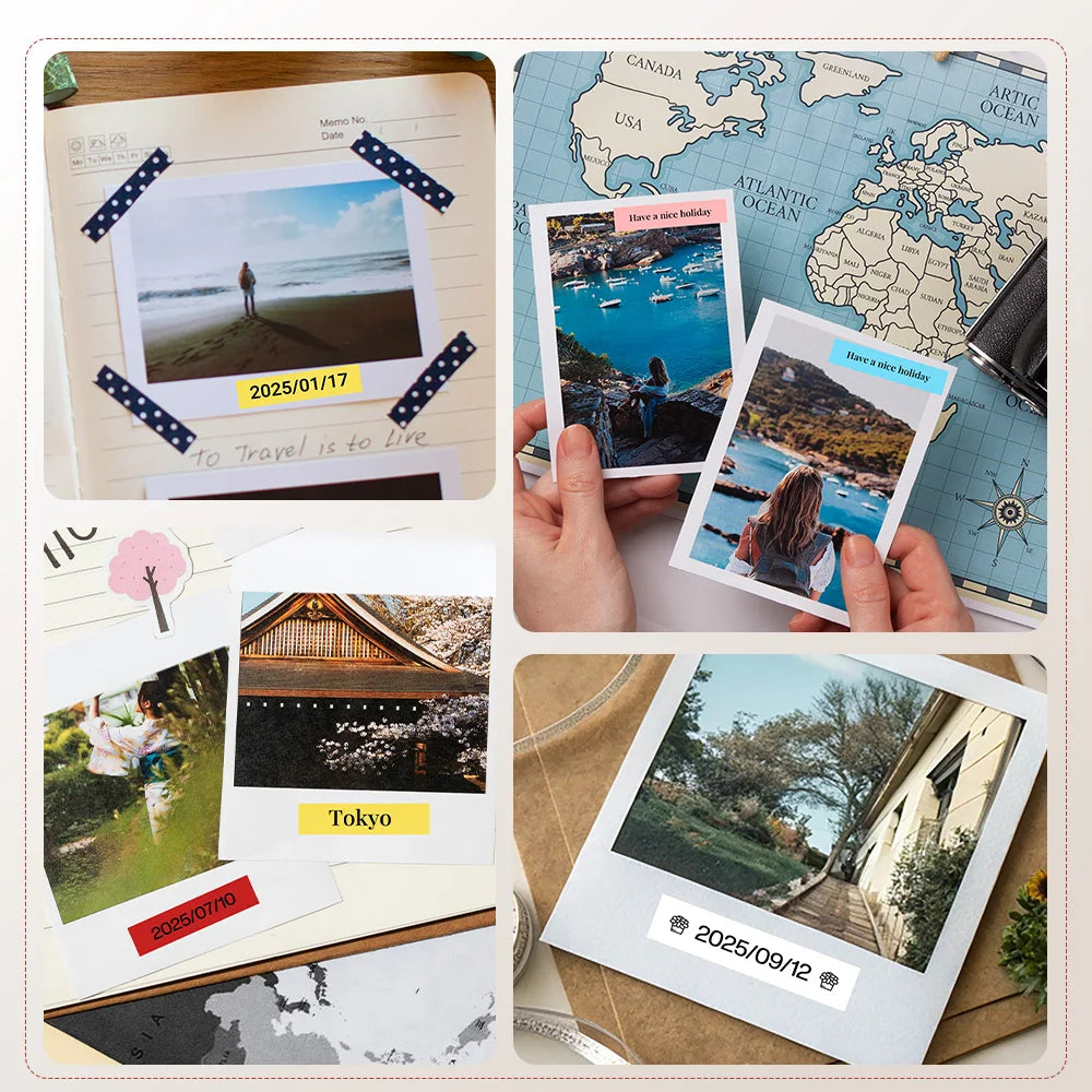 A collection of photo and text labels, including a calendar page, landscape photos, and a city scene, displayed on a wooden b