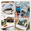 A collection of photo and text labels, including a calendar page, landscape photos, and a city scene, displayed on a wooden b
