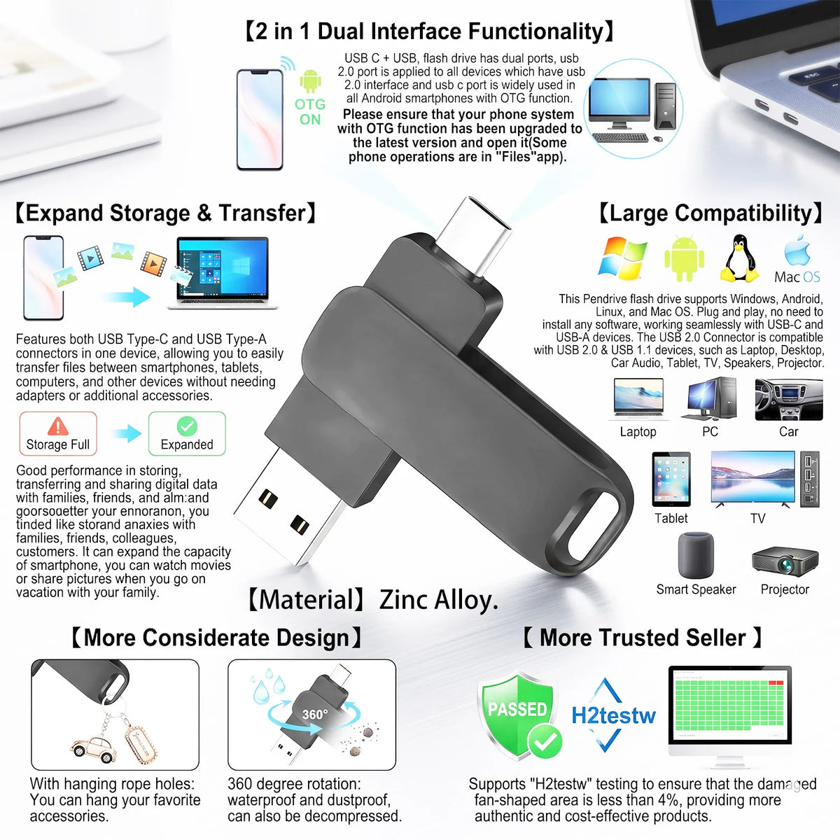 A black USB 2.0 Type-C OTG flash drive with a durable zinc alloy design.