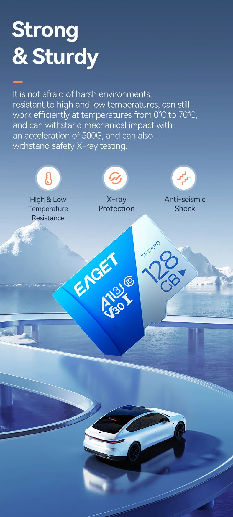 بطاقة ذاكرة زرقاء تحمل اسم EAGET بجوار سيارة بيضاء على سطح زجاجي