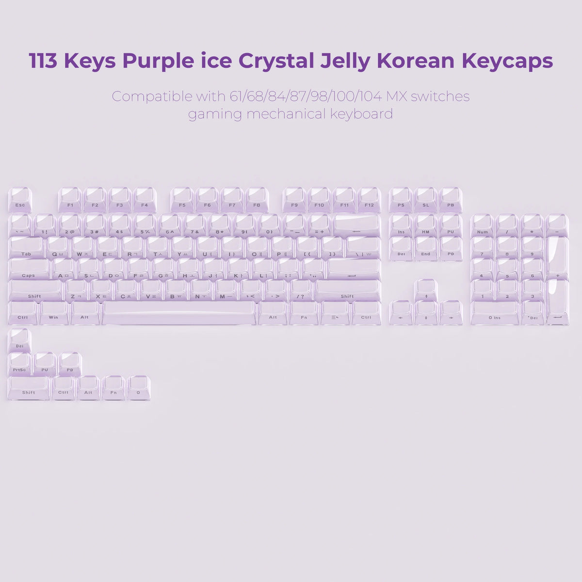 A set of 113 purple ice crystal jelly Korean mechanical keyboard keycaps for MX switches.