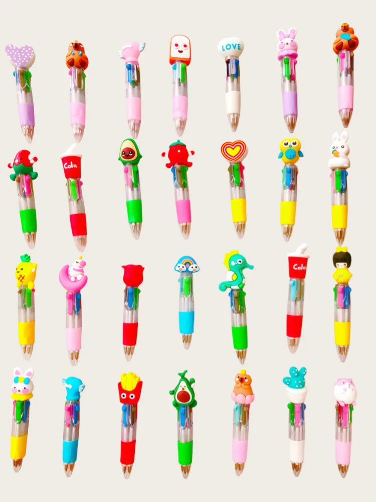 A collection of 16 colorful kawaii ballpoint pens in various shapes and designs.