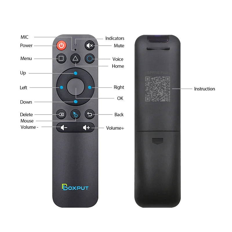 A black wireless gyro air mouse remote with indicators and controls shown next to the main device.