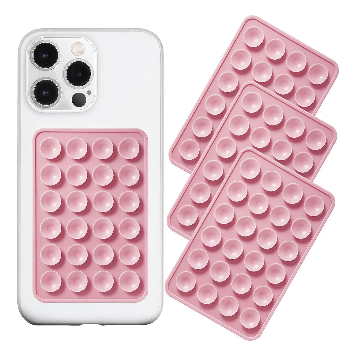 A white phone case and a pink silicone suction cup mount with multiple circular suction cups.