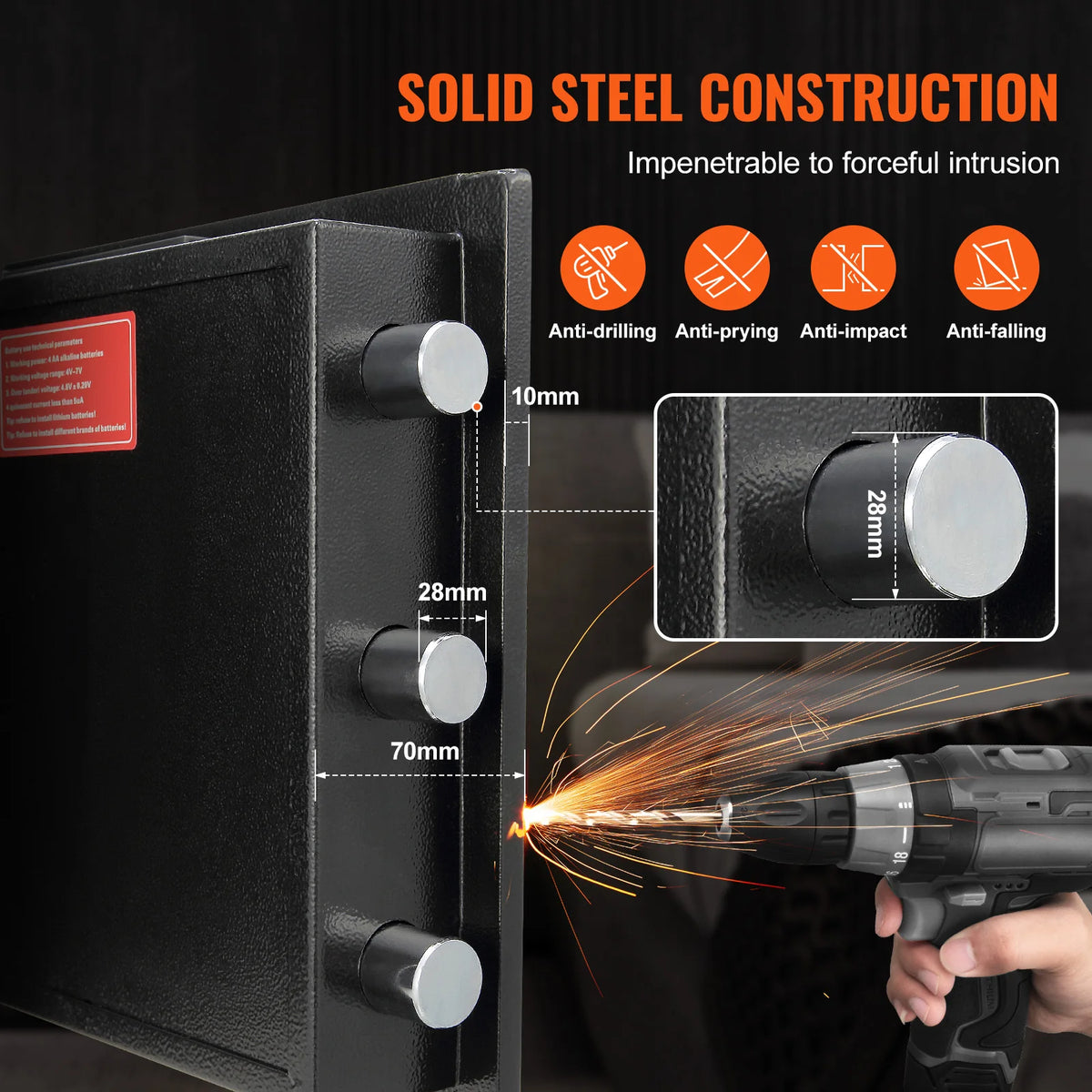 A close-up of a solid steel construction safe showing anti-drilling, anti-pryng, anti-impact, and anti-falling features.