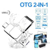 A silver OTG 2-in-1 adapter is shown with various device icons, including a TV, computer, and mobile phone.