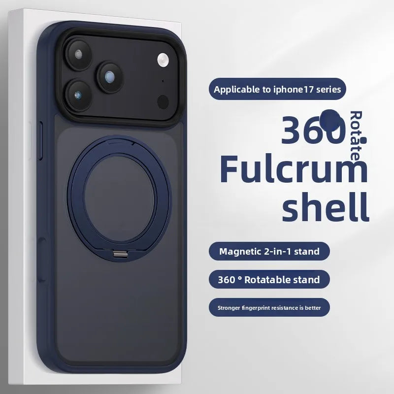 A dark blue phone case for the iPhone 17 series featuring a Fulcrum shell design and a magnetic 2-in-1 rotating stand.