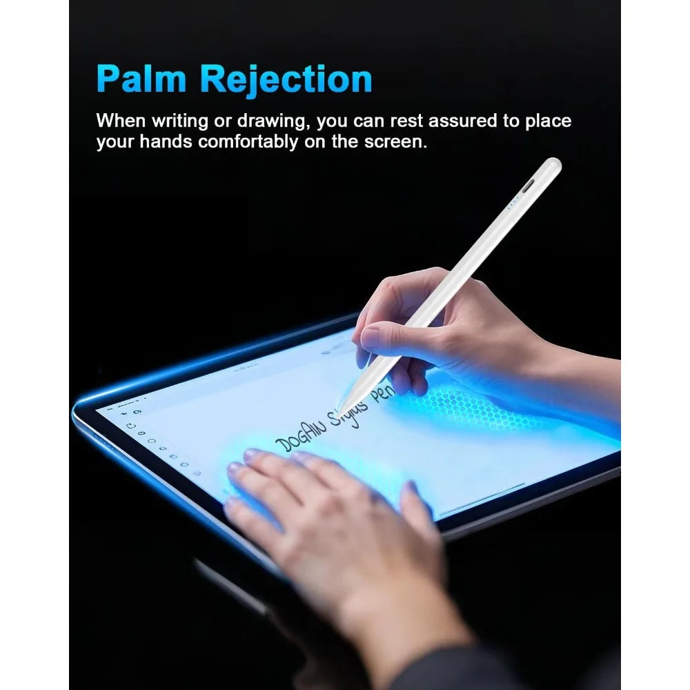 A hand is using a stylus on an iPad screen, demonstrating palm rejection technology.