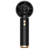 A black handheld fan with a circular grille and a gold accent, shown vertically.