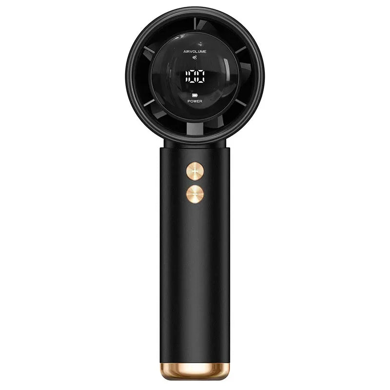 A black handheld fan with a circular grille and a gold accent, shown vertically.