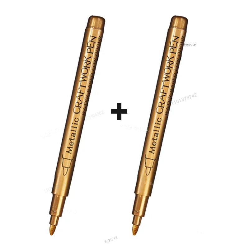 Two metallic craft brush marker pens shown side by side with a plus sign between them.