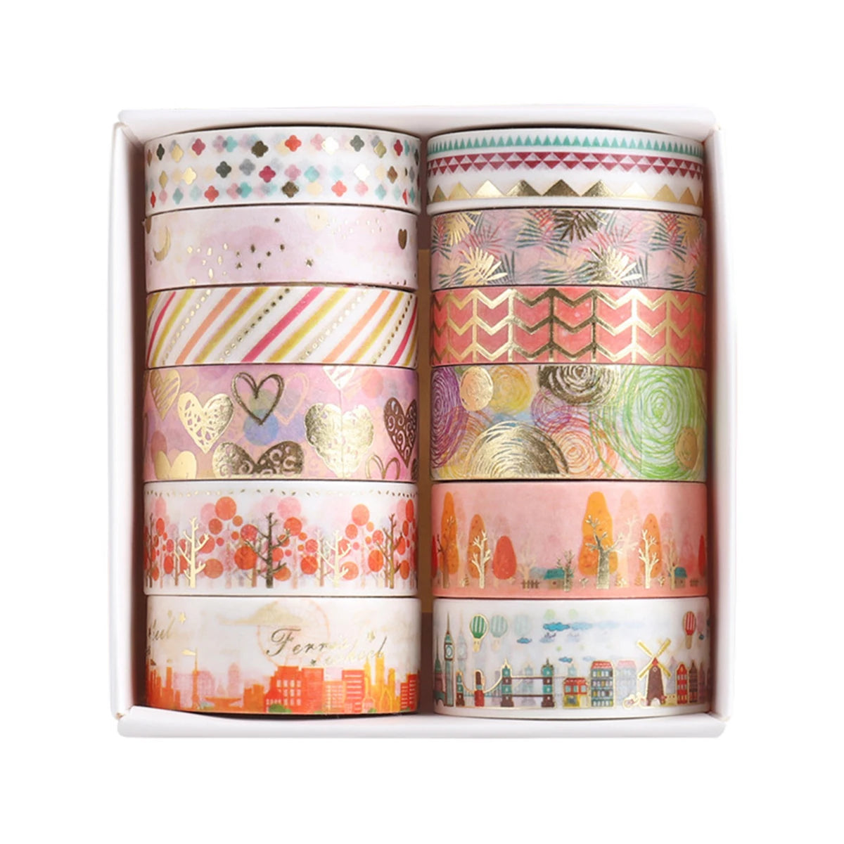 A set of metallic gold washi tape rolls in a white box featuring various patterns for journaling and crafts.