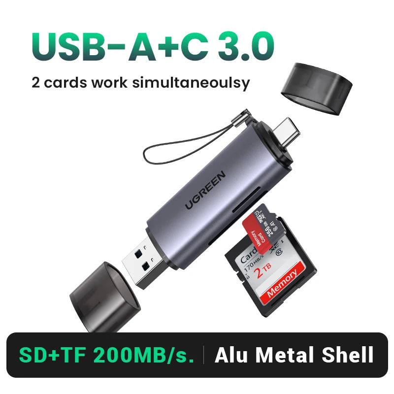 Lector de tarjetas USB-A a C plateado con carcasa metálica y cable, diseñado para tarjetas SD y TF simultáneas.