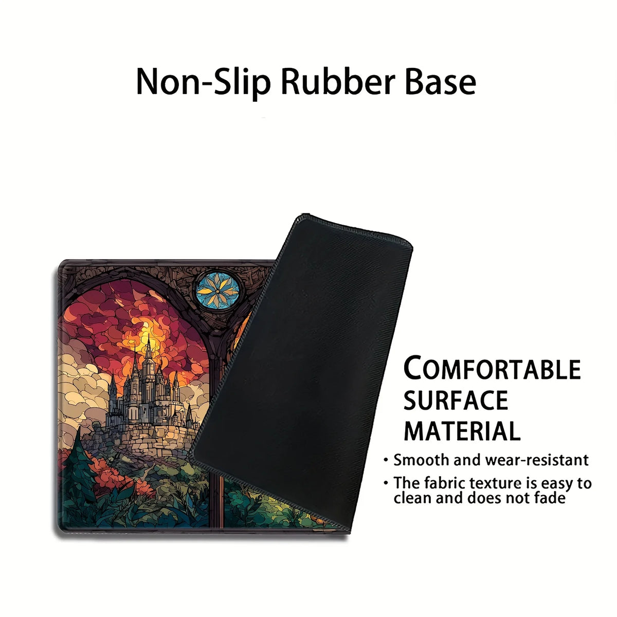 Black non-slip rubber base for a gaming mouse pad featuring stained glass art.