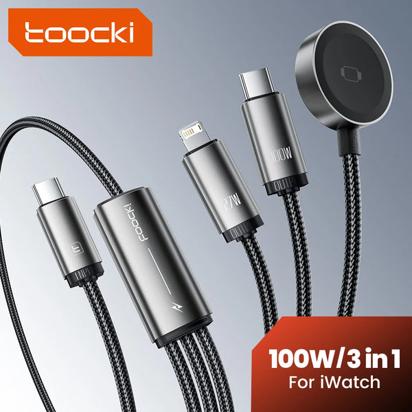 A set of three 100W fast charging cables for iWatch devices shown with connectors and cables.