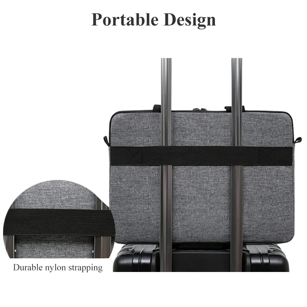 Portable laptop and tablet messenger bag with gray fabric and black nylon strapping
