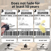 Three thermal shipping labels for priority mail showing tracking numbers and durability features