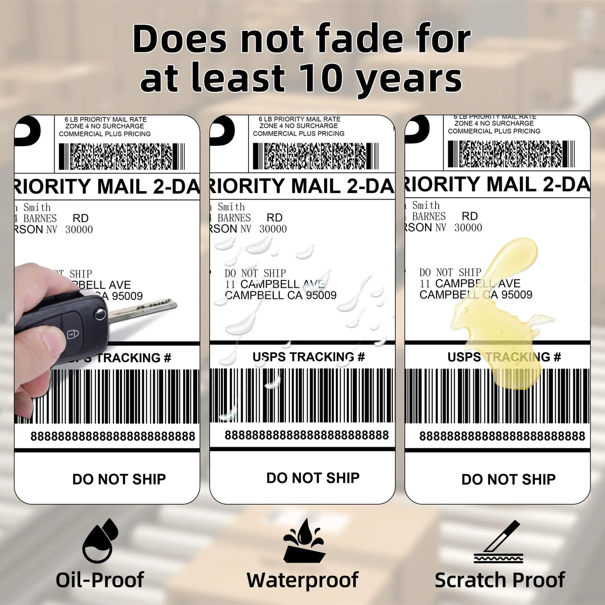 Three thermal shipping labels for priority mail showing tracking numbers and durability features